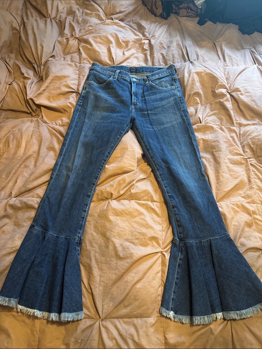 Citizens Of Humanity Dark Blue Denim Flare Jeans with Frayed Panel Hem